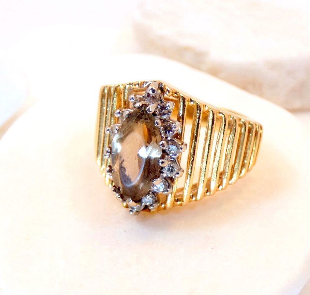 VTG 14KT Yellow Gold Amethyst Natural Diamond Ring Sz 6  7.1 gr